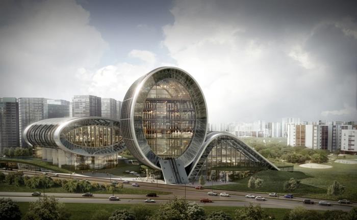 αρχιτεκτονική διαθέτει μελλοντικές απόψεις μουσείο του μελλοντικού ουρανοξύστη ελαφρών τολμηρών παιχνιδιάρικων τροχών