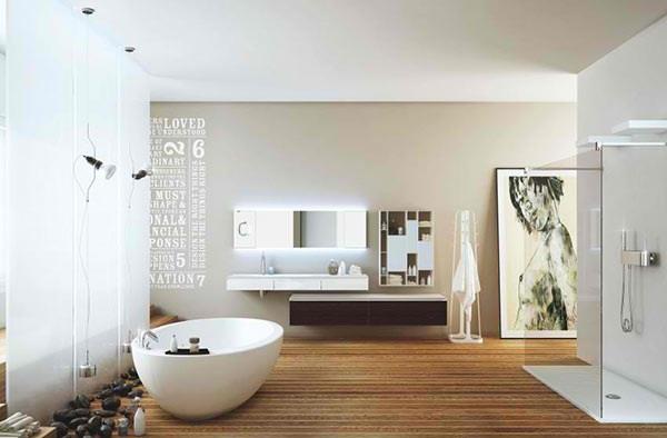 μοντέρνο μπάνιο ανεξάρτητη μπανιέρα ντους σχεδιασμός τοίχου ξύλινο δάπεδο moma σχέδιο