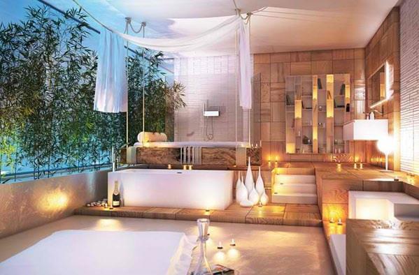 μοντέρνο μπάνιο ανεξάρτητη μπανιέρα ρομαντική ξύλινη επίπλωση moma