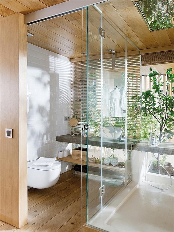 μοντέρνο μπάνιο εσωτερική διακόσμηση ξύλινο πάτωμα για ντους σε επίπεδο δαπέδου