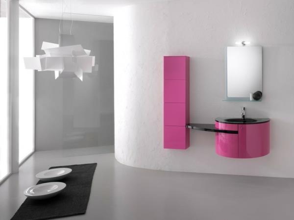 μοντέρνα έπιπλα μπάνιου φουτουριστικό μανιμαλιστικό χρώμα τονίζει ροζ χρώμα τοίχου λευκό