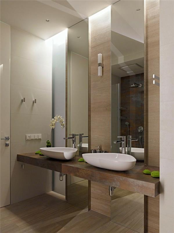 μοντέρνο μπάνιο νεροχύτη ξύλινη εμφάνιση τοίχου καθρέφτης ντους ξύλινο πάτωμα
