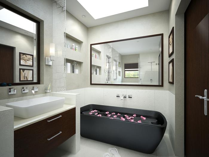 μοντέρνα έπιπλα μπάνιου μαύρη μπανιέρα λευκά πλακάκια μπάνιου