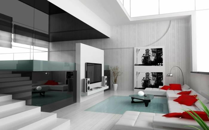 μοντέρνες επενδύσεις πατωμάτων σοφίτα διαμέρισμα λευκό καναπέ κόκκινα μαξιλάρια καμάρα λάμπα ξύλινες σανίδες δαπέδου επένδυση τοίχου