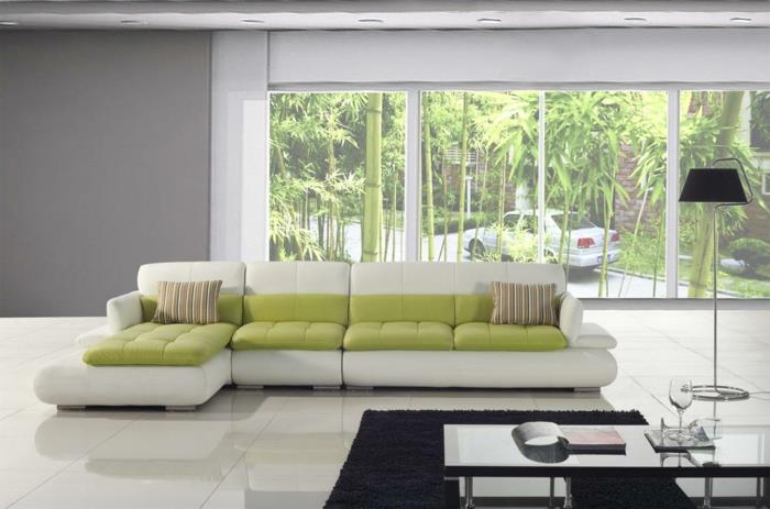 μοντέρνο δάπεδο σαλόνι με έπιπλα πράσινων τόνων λευκά πλακάκια δαπέδου
