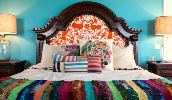 μοντέρνες ιδέες διακόσμησης έπιπλα υπνοδωμάτιο μεξικάνικο στιλ χρώμα τοίχου τιρκουάζ