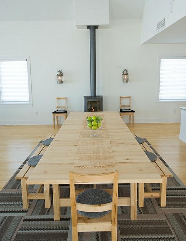 μοντέρνα τραπεζαρία σε σκανδιναβικό στυλ ξύλινο τραπέζι ξύλινο πάγκο ξύλινη καρέκλα