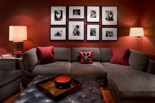 μοντέρνα διακόσμηση σπιτιού τεχνίτης κόκκινος τοίχος καναπές φωτιστικού δαπέδου