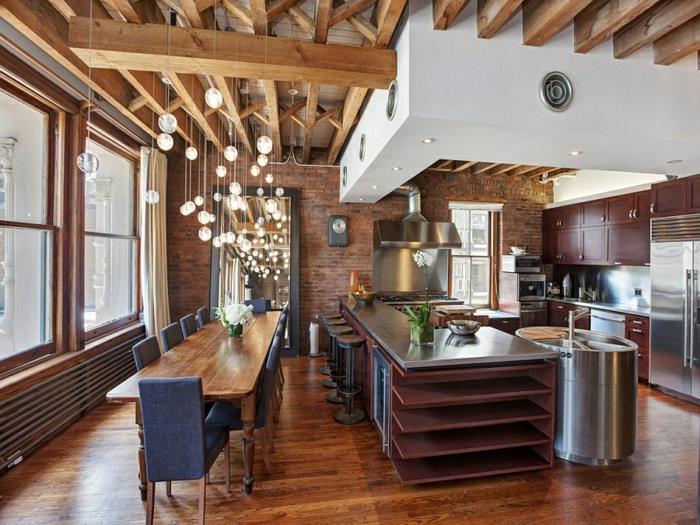 μοντέρνο εσωτερικό σχεδιασμό τραπεζαρία κουζίνα κουζίνα νησί ξύλινο πάτωμα Νέα Υόρκη διαμέρισμα της πόλης