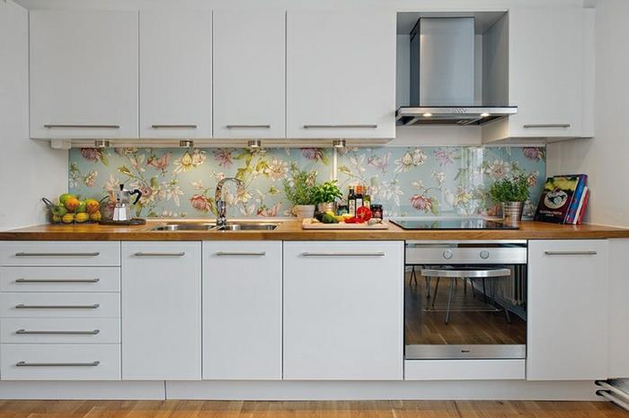 μοντέρνο εσωτερικό σχέδιο κουζίνας πίσω τοίχο μοντέρνα λουλούδια μοτίβα