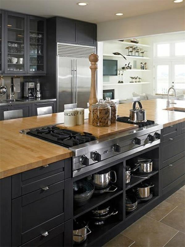 εσωτερικές ιδέες σχεδιασμού κουζίνα νησί σκούρο χρώμα αποθήκη επίπλων