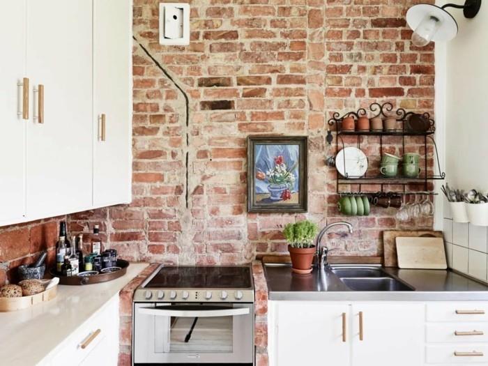 μοντέρνες κουζίνες ζεστή κουζίνα σε λευκό με τοίχο από τούβλα