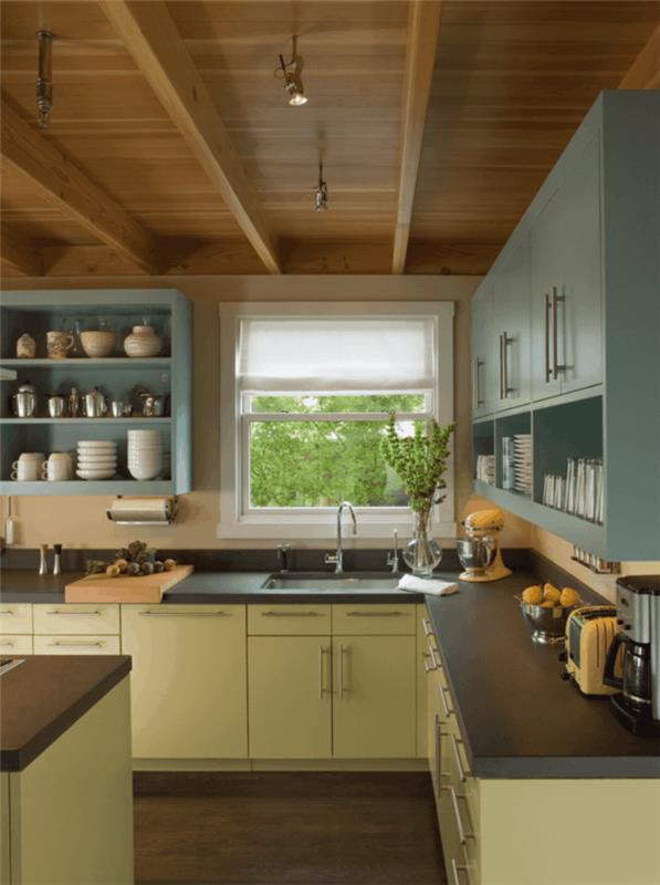 μοντέρνες κουζίνες ξύλινο δωμάτιο δάπεδο ξύλινη οροφή πράσινα ντουλάπια κουζίνας