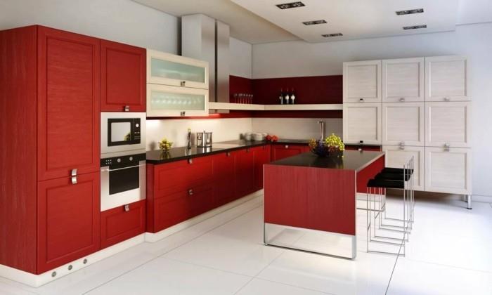 μοντέρνες κουζίνες κόκκινα ντουλάπια κουζίνας και λευκά πλακάκια δαπέδου