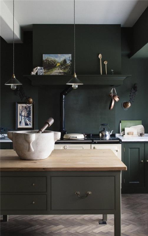μοντέρνες κουζίνες μαύρο χρώμα τοίχου και σκούρα ντουλάπια κουζίνας για μια εντυπωσιακή εμφάνιση κουζίνας
