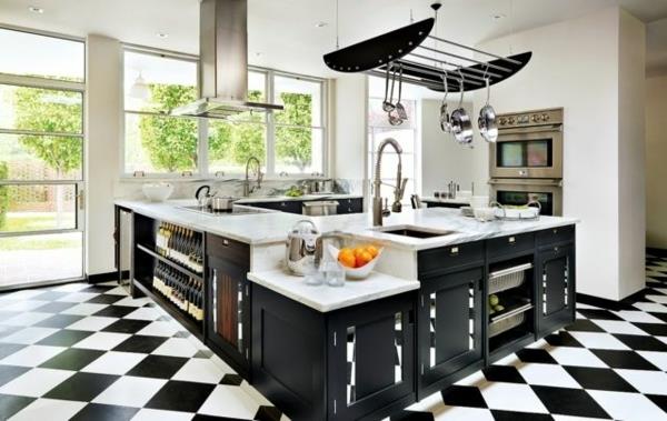 αρθρωτή ιδέες σχεδιασμού κουζίνας μαύρο πάτωμα σκακιέρας κουζίνας