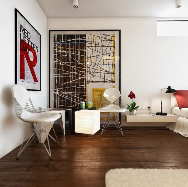 μοντέρνα υπνοδωμάτια με υπερμεγέθη τέχνη τοίχου και αυθεντικές πλαστικές και μεταλλικές καρέκλες