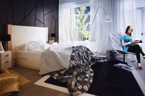 μοντέρνα υπνοδωμάτια γεωμετρικά σχήματα πάνελ από σκούρο ξύλο