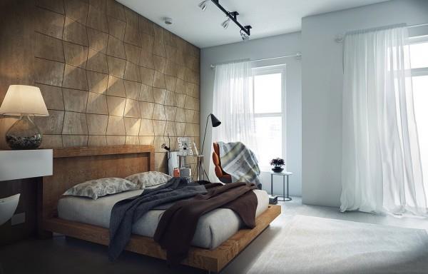 μοντέρνα ξύλινα πλακάκια κρεβατοκάμαρας στον τοίχο σε χρώμα άμμου