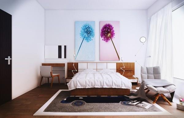 μοντέρνο υπνοδωμάτιο υπέροχη τέχνη διακοσμητικά κρεμμύδια σε μπλε και μοβ χρώμα