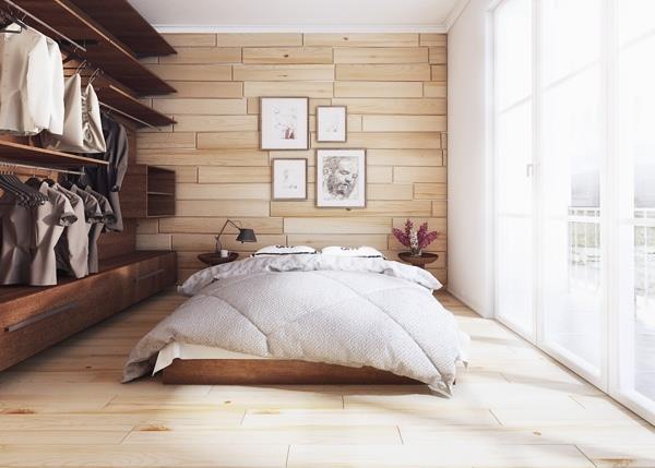 μοντέρνος τοίχος και πάτωμα κρεβατοκάμαρας από πάνελ από ανοιχτό ξύλο