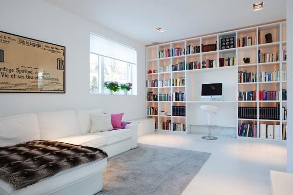 μοντέρνος σουηδικός καναπές τοίχου με βιβλιοθήκες