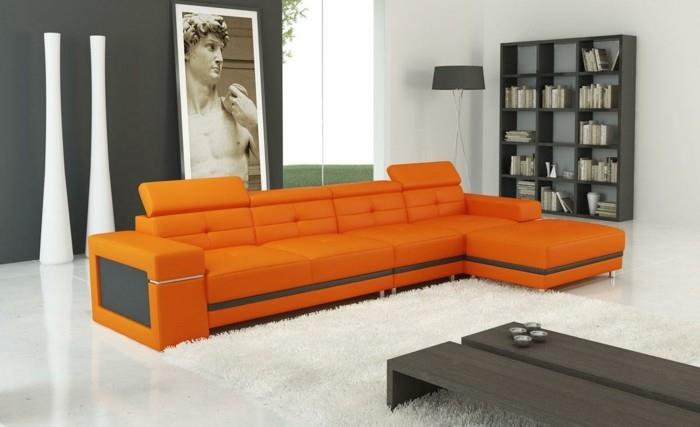 μοντέρνοι καναπέδες πορτοκαλί δερμάτινο λευκό χαλί βαθιάς στοίβας