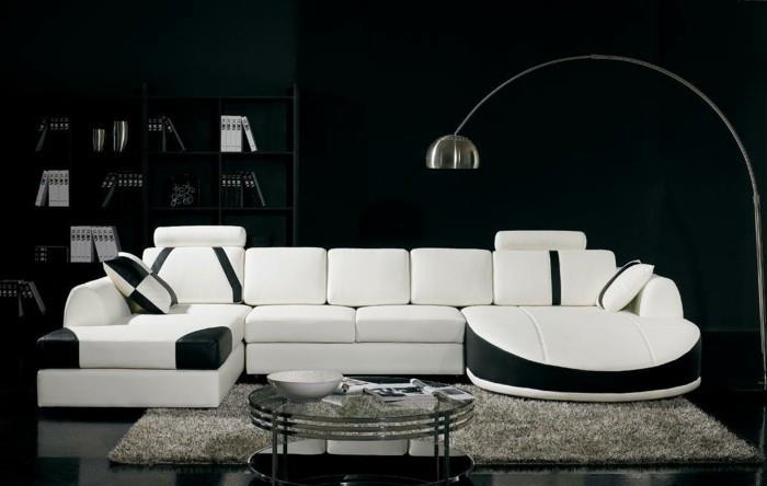 μοντέρνοι καναπέδες λευκό μαύρο δερμάτινο φωτιστικό τόξου χαλί βαθιάς στοίβας