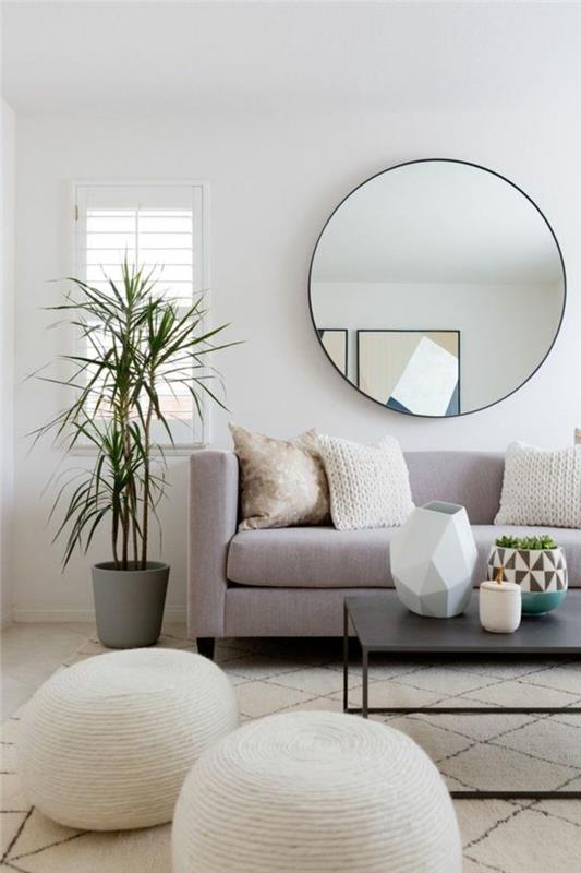 μοντέρνοι καναπέδες καθιστικό με επίπλωση σκαμπό στρογγυλό καθρέφτη τοίχου