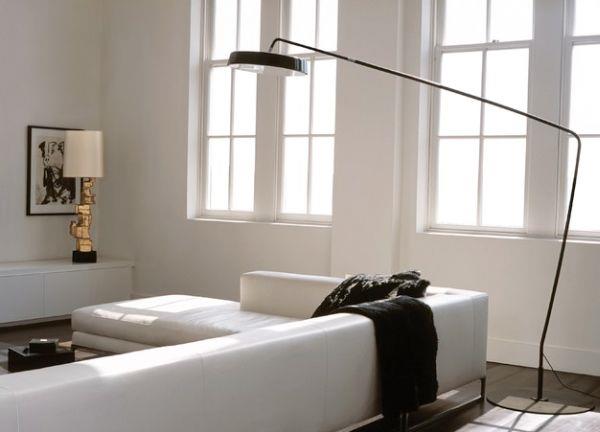 μοντέρνα φωτιστικά δαπέδου σχεδιάζει ιδέα λευκού δερμάτινου καναπέ