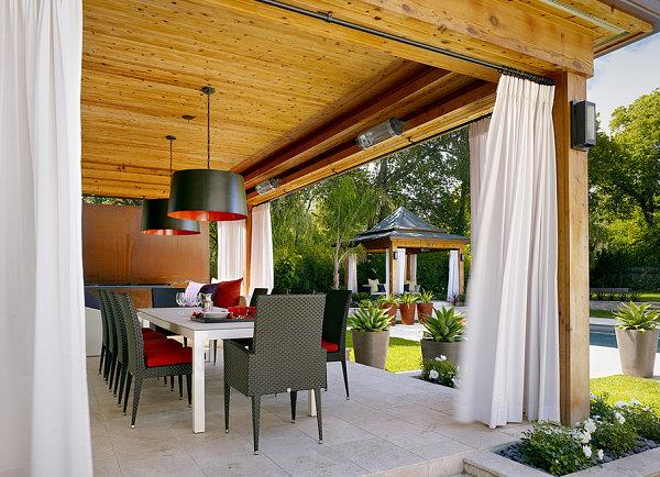 μοντέρνο σχεδιασμό βεράντα ξύλινη βεράντα στέγες κουρτίνες σαλόνι έπιπλα
