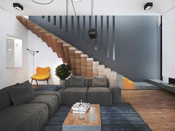 μοντέρνες σκάλες ξύλινο γκρι χαλί σαλόνι
