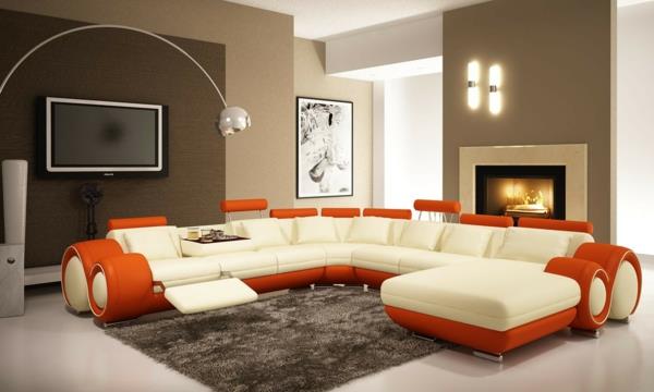 μοντέρνα χρώματα τοίχου μπεζ πορτοκαλί τόνους καναπέ