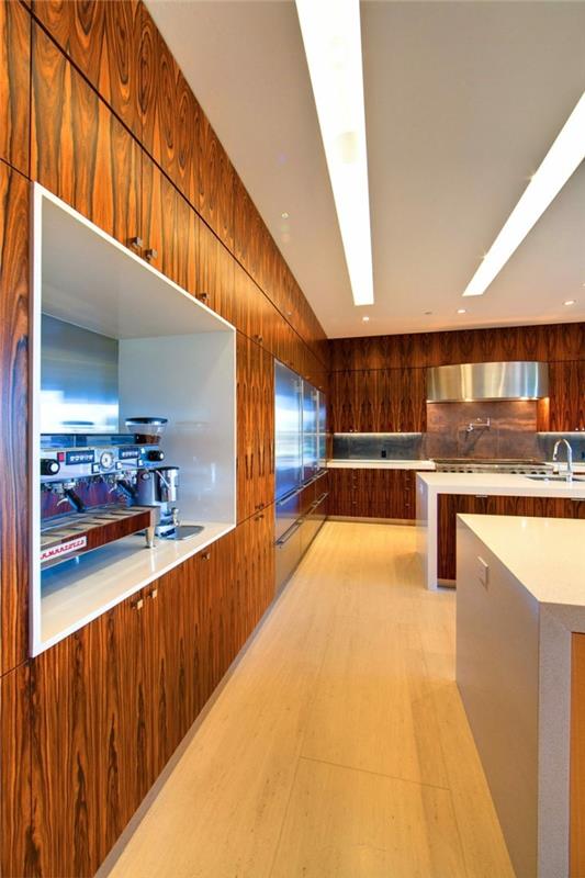 μοντέρνος σχεδιασμός τοίχου ξύλινα πάνελ κουζίνας μοντέρνος φωτισμός