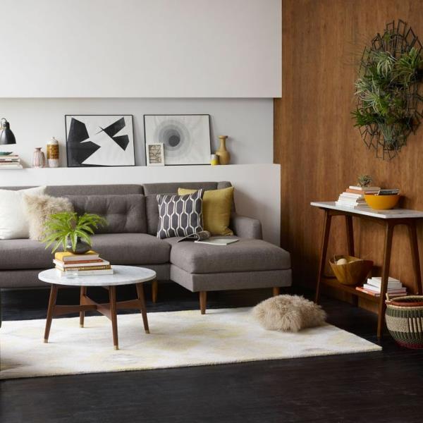 μοντέρνος σχεδιασμός τοίχου σαλόνι καναπές τραπεζάκι σαλονιού στρογγυλά φυτά εσωτερικού χώρου