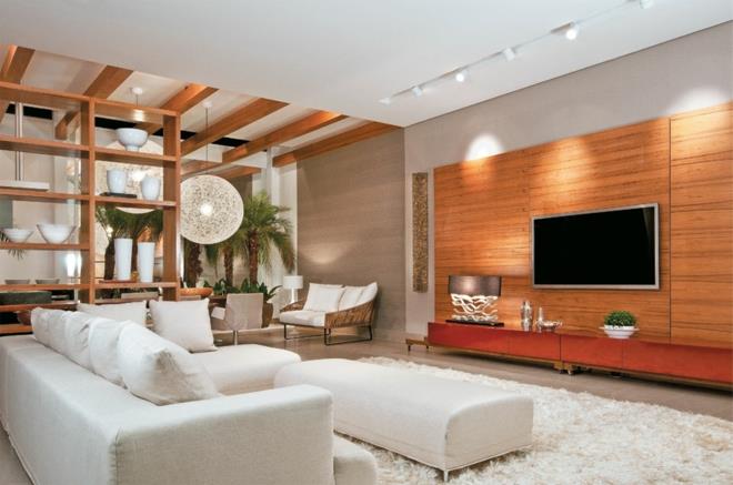 μοντέρνα μονάδα τοίχου σαλόνι καναπές λευκές ιδέες διακόσμησης χαλί πάτωμα ξύλινος τοίχος