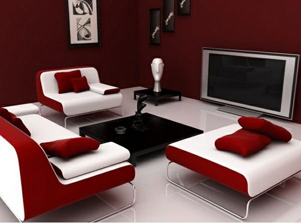 μοντέρνο σαλόνι χρώμα τοίχου παλέτα χρώματος καστανό κόκκινο λευκό