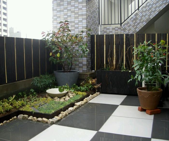 μοντέρνο κήπο πλακάκια δαπέδου λευκό μαύρο δοχείο φυτών