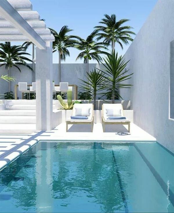 μοντέρνος κήπος με χώρο χαλάρωσης στην πισίνα τραπεζαρία λευκός κήπος