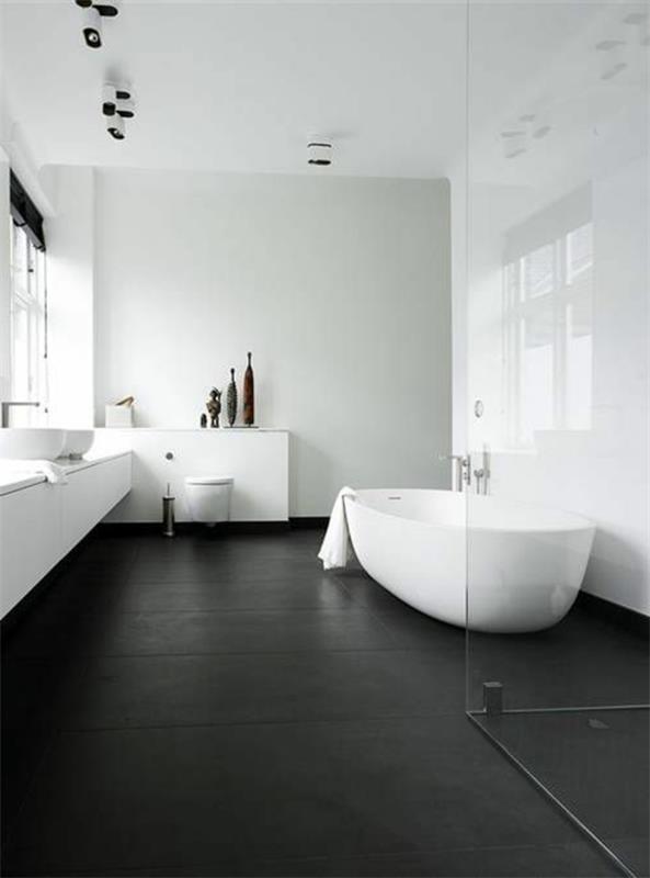 μοντέρνο μπάνιο φωτεινοί τοίχοι σκούρο πάτωμα