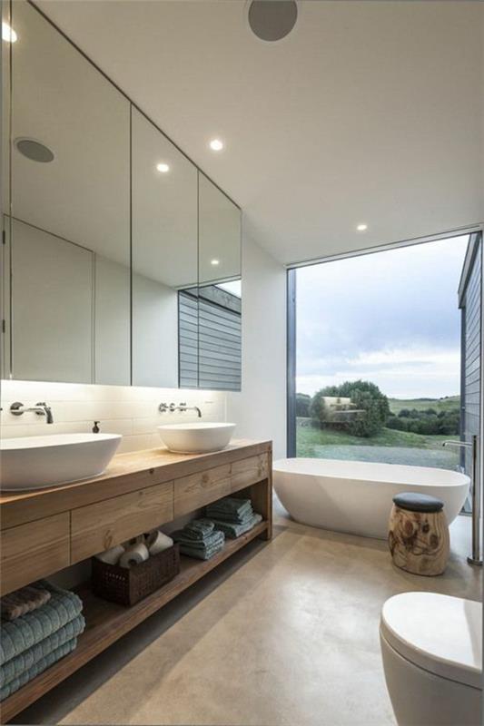 μοντέρνο μπάνιο ξύλινο μεγάλο καθρέφτη με εσοχή φώτα
