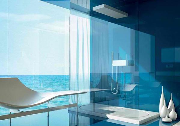 μοντέρνα έπιπλα μπάνιου ντους γυάλινοι τοίχοι με θέα τη θάλασσα moma σχέδιο