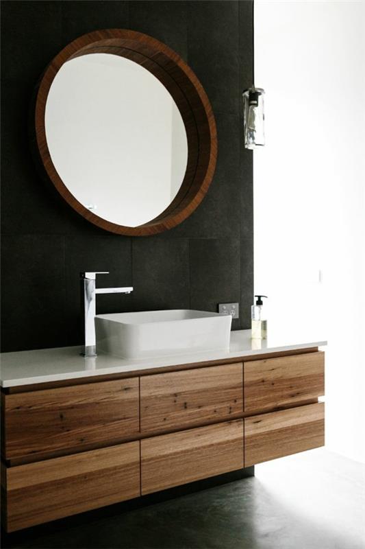 μοντέρνο μπάνιο στρογγυλό τοίχο καθρέφτη λευκό νεροχύτη