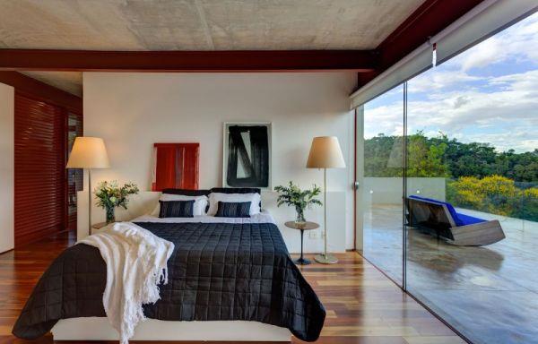 κομψό βραζιλιάνικο σπίτι κρεβατοκάμαρα μαύρο κρεβάτι