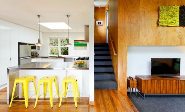 μοντέρνο σπίτι σχεδιαστής κίτρινη κουζίνα κουζίνα νησί καρέκλα ξύλο
