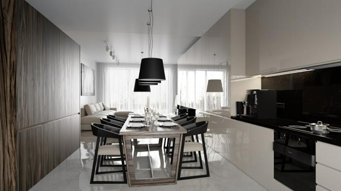 μοντέρνα τραπεζαρία φανταχτερή τραπεζαρία άνετες καρέκλες κρεμαστά φώτα λευκό πάτωμα