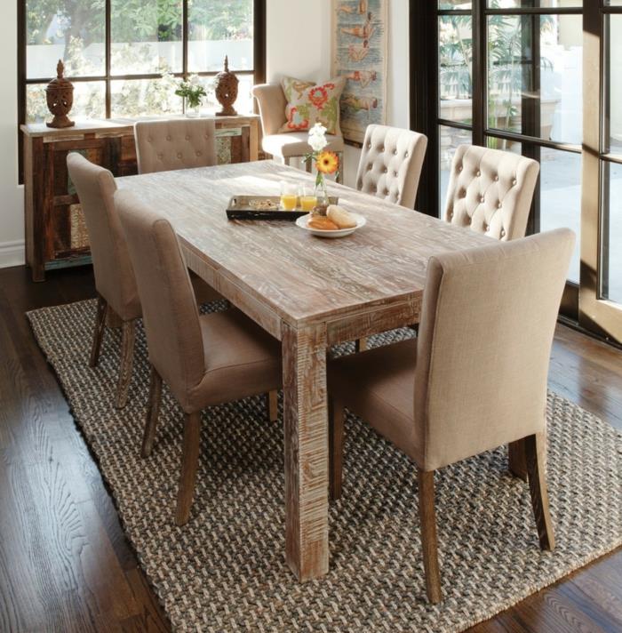 μοντέρνα τραπεζαρία ξύλινο τραπέζι χαλί κομψές καρέκλες