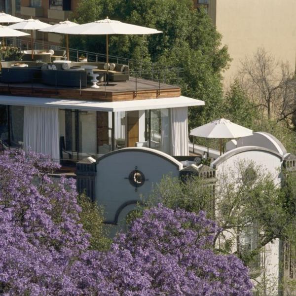μοντέρνο λειτουργικό ξενοδοχείο γαλλικό νεοκλασικό δέντρο ανθίζει μοβ