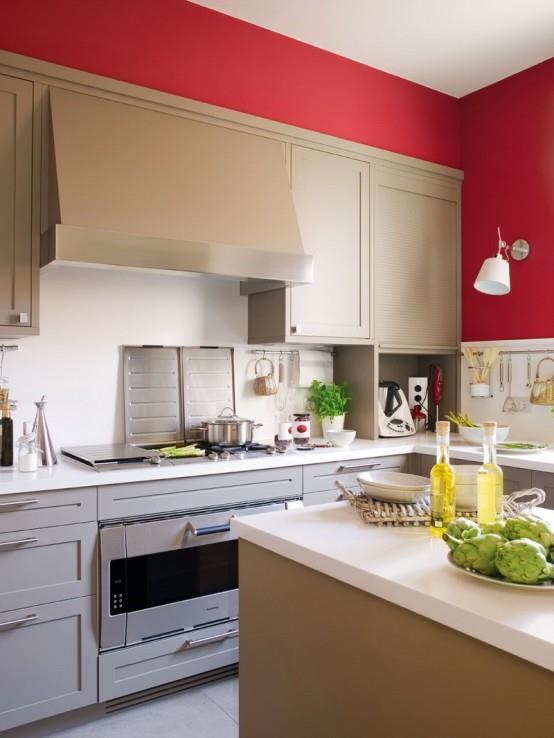 μοντέρνος σχεδιασμός κουζίνας μπεζ κόκκινοι τοίχοι κουζίνας πάγκος