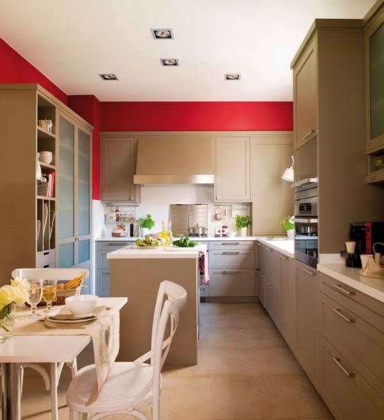 μοντέρνος σχεδιασμός κουζίνας μπεζ κόκκινοι τοίχοι κουζίνας